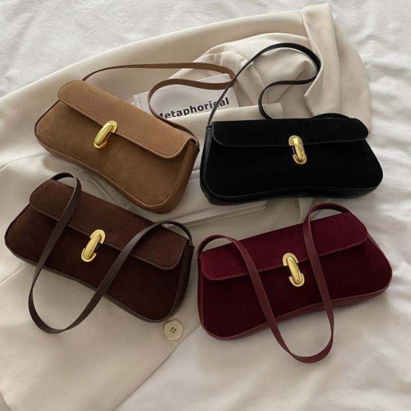 Vintage Faux Suede Shoulder Bags For Women Lock Decoration Small Underarm Bag Versatile Trendy Pillow Bags
