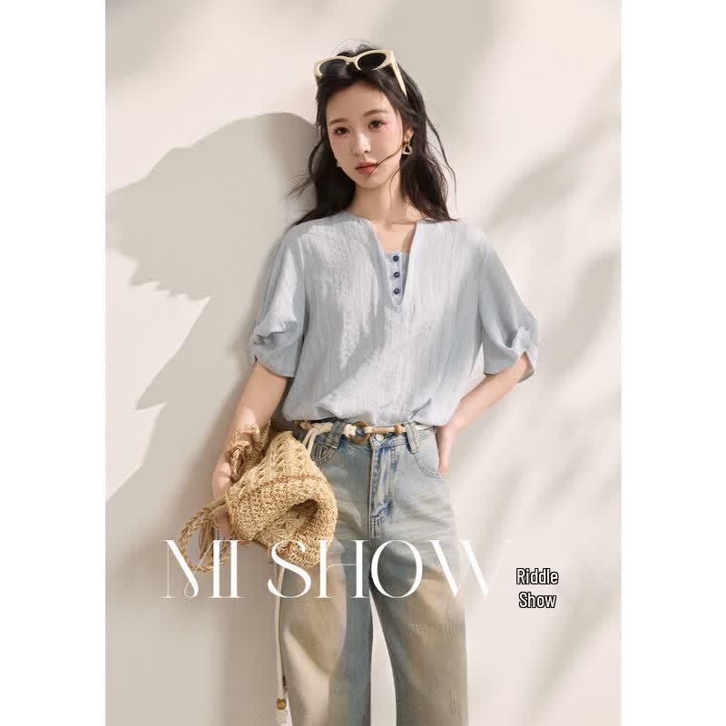 Mishow Women s French Style V-Neck Short Sleeve Blouse M