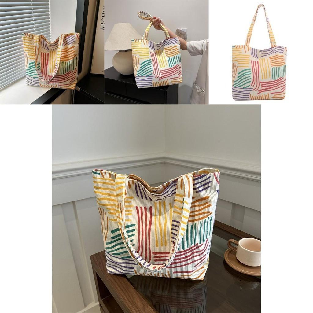 Fashionable Corduroy Canvas Tote Bag With Colorful Stripes And Large Capacity