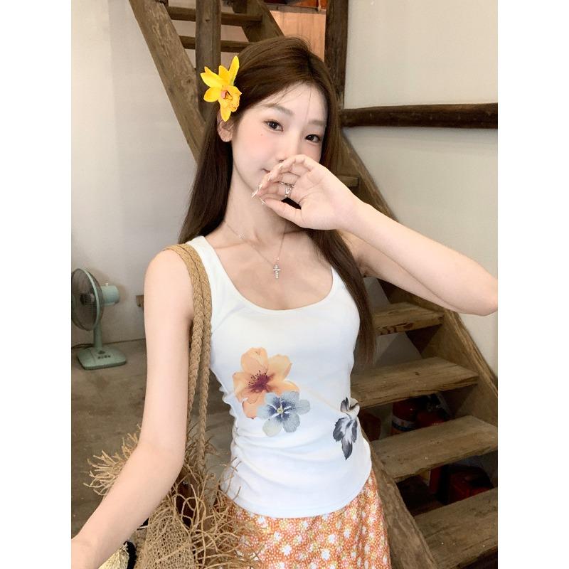 Korean Fashion Watercolor Flower Collar Sling Vest Women's Summer New Temperament Slim and Thin Design Top