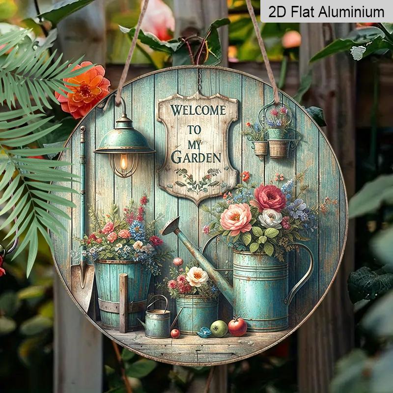 2D Flat - 1pc Round Vintage "Welcome to My Garden" Aluminum Sign - Rustic Floral Watering Can & Lantern Wall Plaque, Perfect for Rustic Style Wall Or