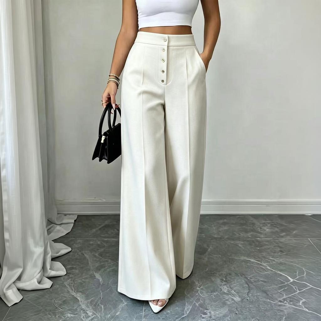 Women's High Wide Leg Pants with Button Pockets Color Casual Trousers for Commute