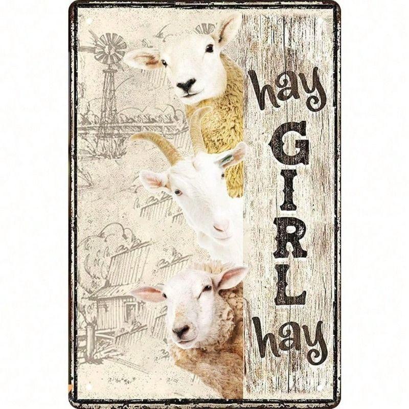 Vintage Metal Poster Wall Art Girl with Hay and Sheep Farm Kitchen Decor