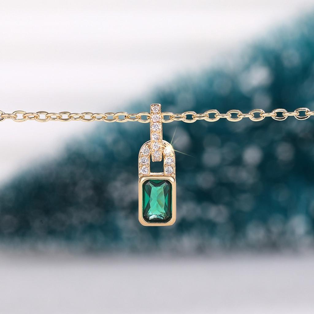 Emerald Green Lock Pendant Necklace with Micro Pave Accents