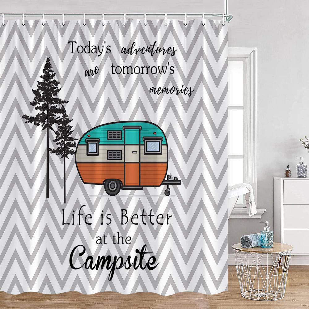 Cartoon Camper Shower Curtains Tree Camping Travel Bus Rv Bathroom Curtain Polyester Fabric Home Decoration With Hooks For Bath