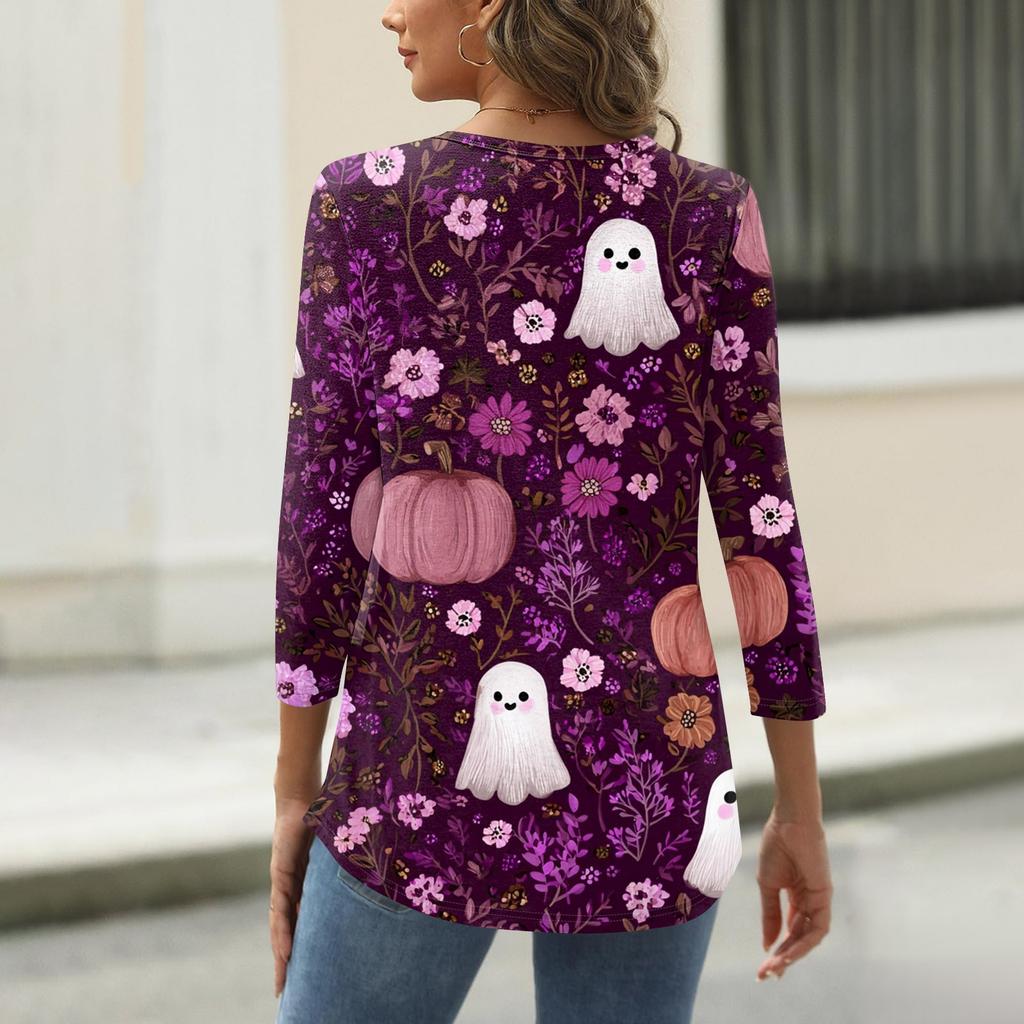 Women's V-Neck Button Halloween Three-quarter Sleeve T-Shirt Top