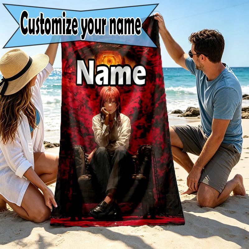 Custom Name Personalized Makima Chainsaw Man Print Beach Towel, for Trip Camping Beach Party Home Decor, Birthday Gift for Family & Friends
