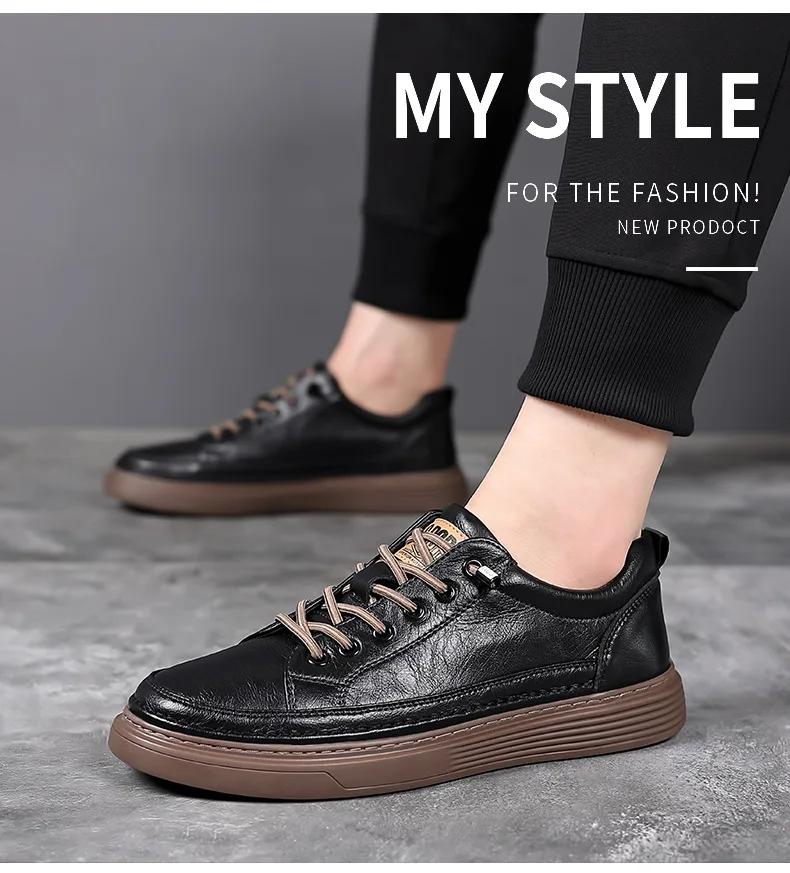 Neue Schuhe für Herren Echtleder Freizeitschuhe Frühling Retro Flache Skateboard-Schuhe Schlichte Leder-Sneaker