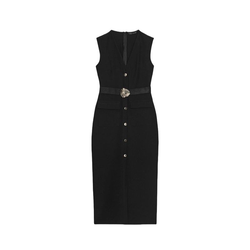 Summer New Product Women's Clothes Round Neck Sleeveless Fake Button Decoration with Belt Crepe Midi Skirt Dress 3897166