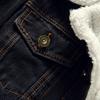 Men Jean Jacket Plush Lining Single Breasted Turndown Collar Solid Color Long Sleeve Coldproof Winter Thicken Lapel Denim Coat for Trip