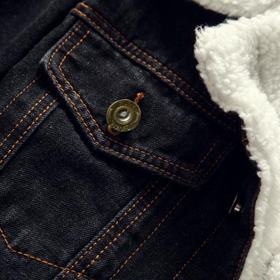 Men Jean Jacket Plush Lining Single Breasted Turndown Collar Solid Color Long Sleeve Coldproof Winter Thicken Lapel Denim Coat for Trip