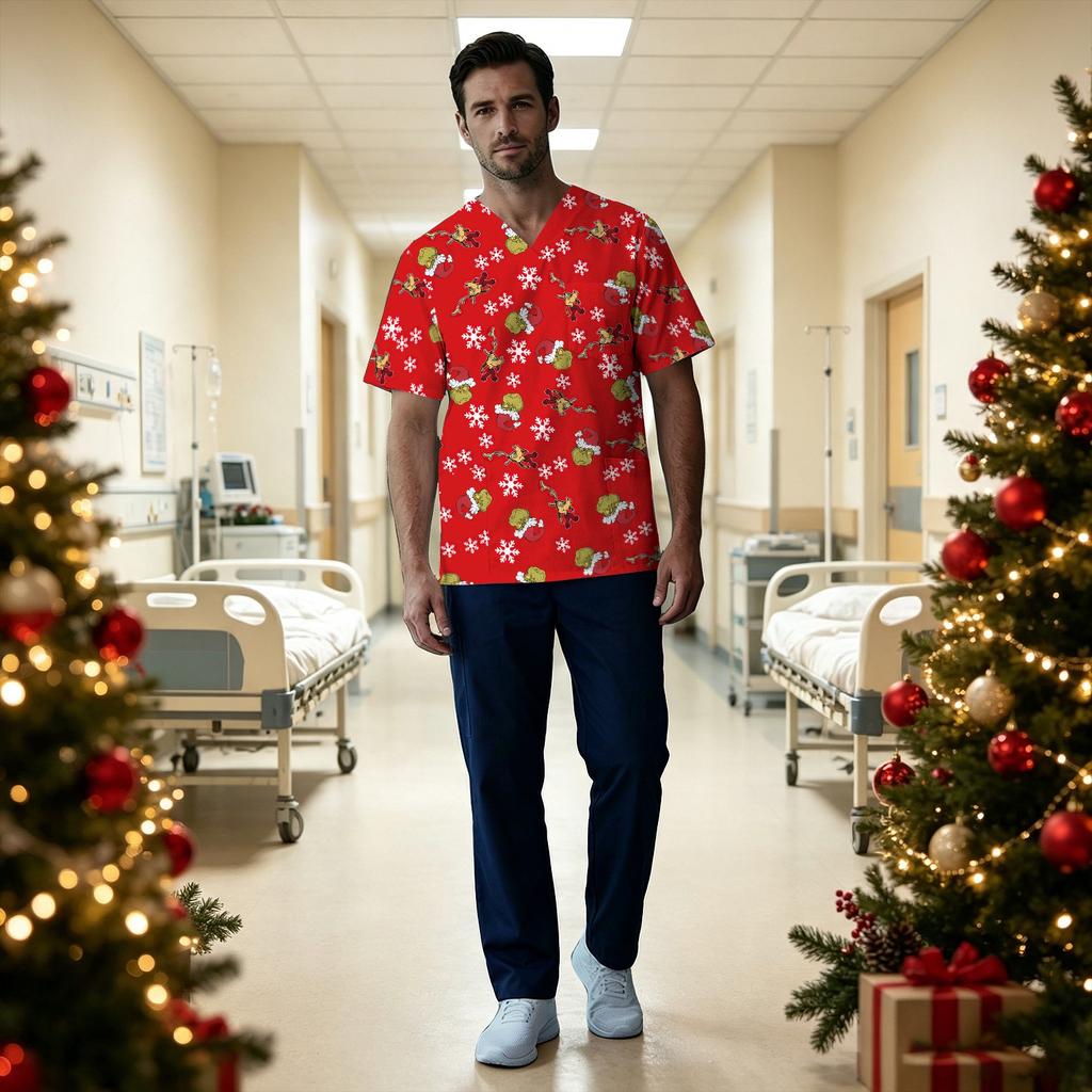Men's Short Sleeve V-Neck Christmas Print Uniform Top with Chest Pocket