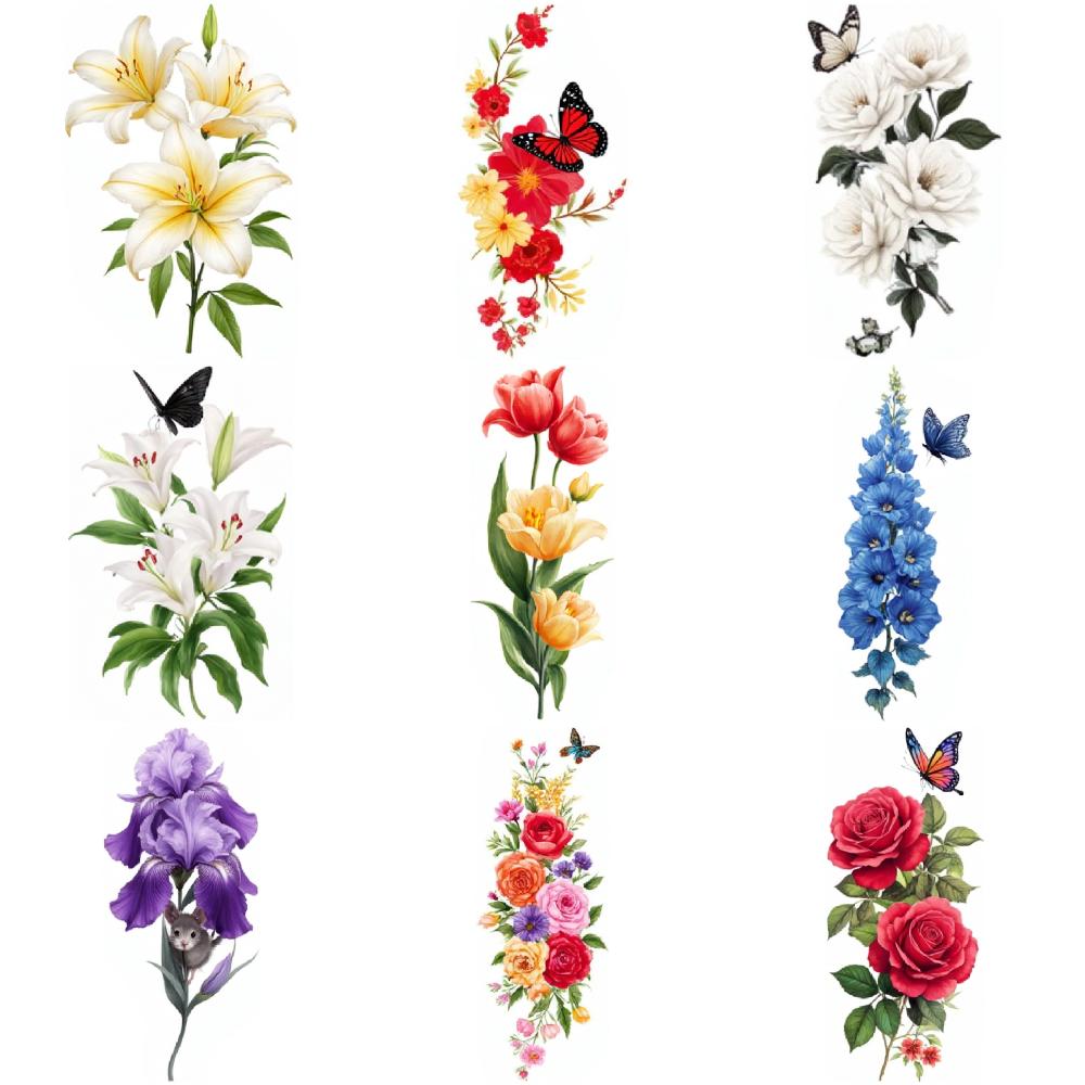 9pcs Temporary Tattoo Temporary Tattoo Stickers Hydrangea And Roses Tulips Roses And Butterflies For Male Thighs Arms