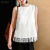 Women Casual Round Neck Lace Tassel Splice Loose Sleeveless Tank Tops