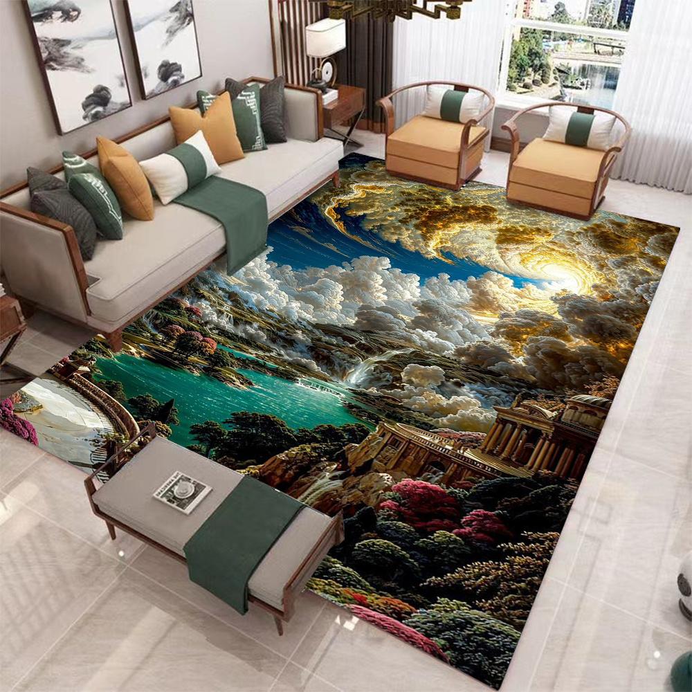 Fantasy Landscape Carpet Mat Golden Clouds Majestic Waterfall Living Room Rug with Heavenly Architecture Design Home Decoration