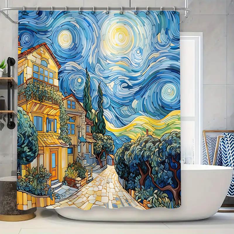 Van Gogh Inspired Starry Night Village Shower Curtain Transform Your Bathroom Into An Artistic Haven Waterproof  Durable