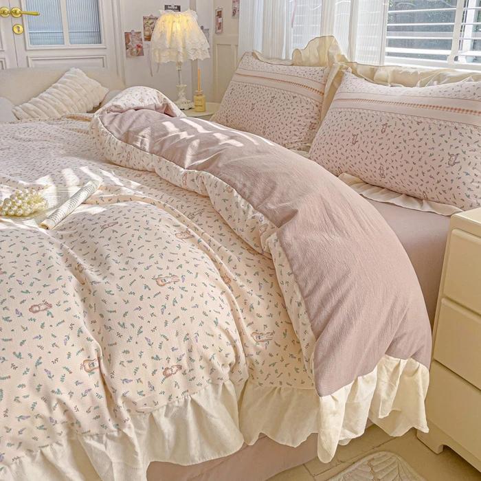 4pcs  Korean Lace Duvet Cover Set (1*Duvet Cover + 2*Pillowcase, Bed Sheet/fitted Sheet), Pink Checkered Print Bedding Set