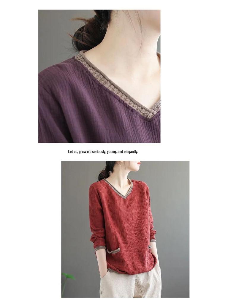 Plus Size Retro V-Neck Cotton Linen T-Shirt for Spring/Autumn - Long Sleeve, Loose Fit, Versatile Pullover for Women