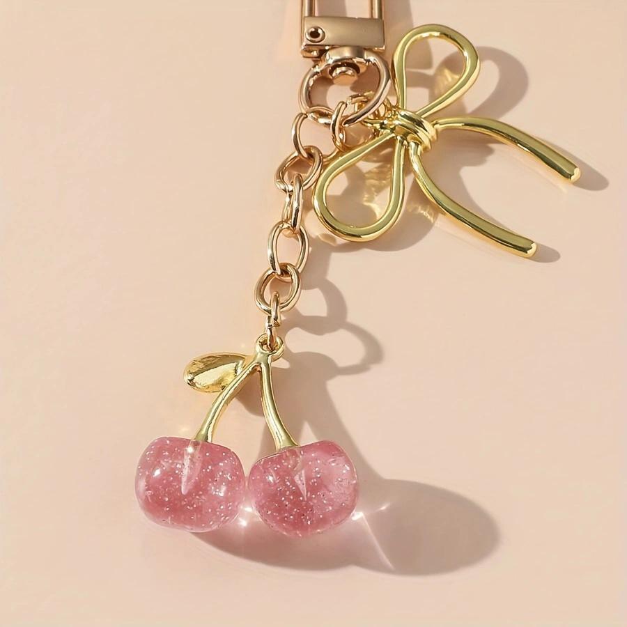 European-American Crystal Cherry Keychain with Bow Pendant - Elegant Fruit Bag Charm