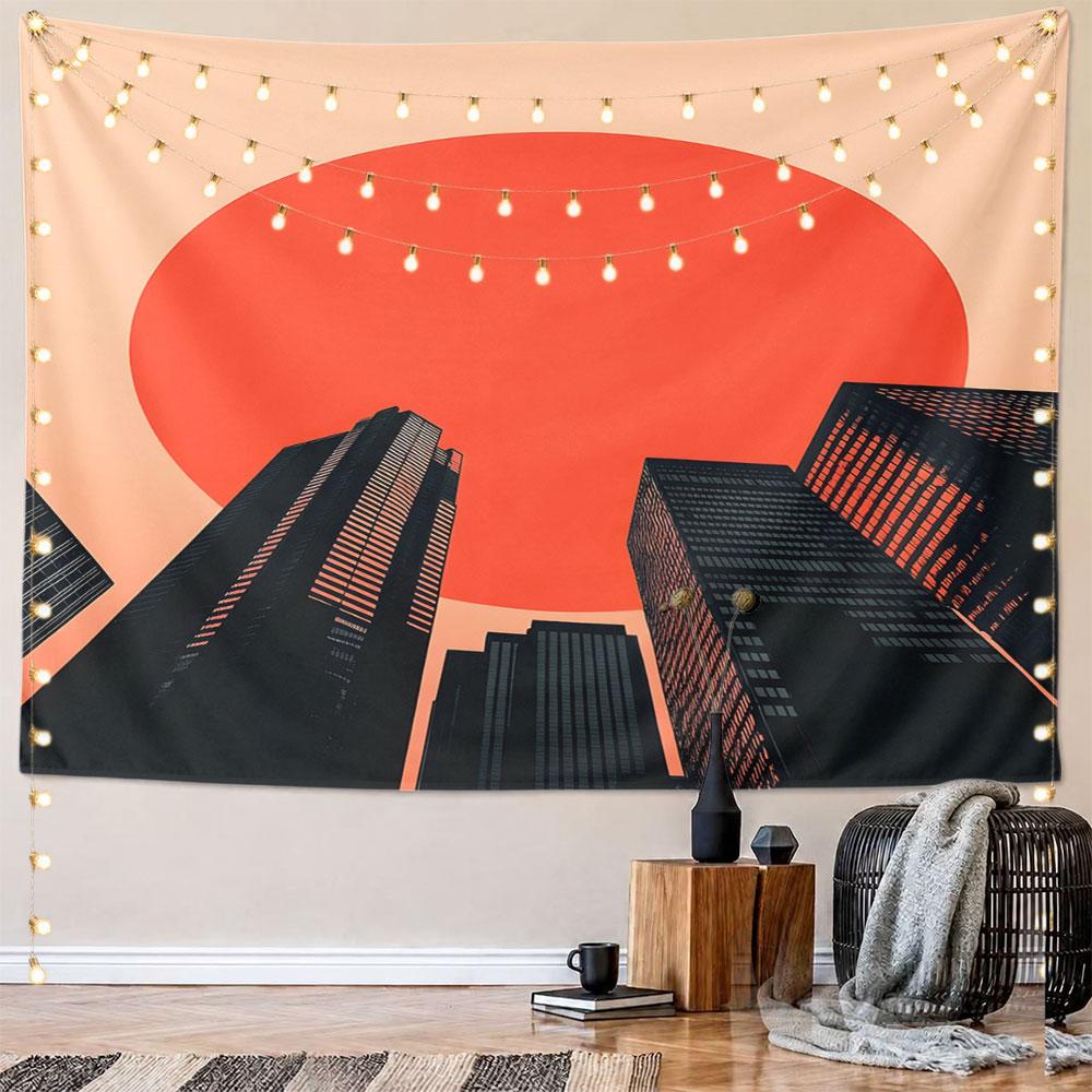 "Urban Skyline with Red Sun Backdrop" Pattern Wall Hanging Tapestry Decorative Tapestry Home Decor for Bedroom and Living Room