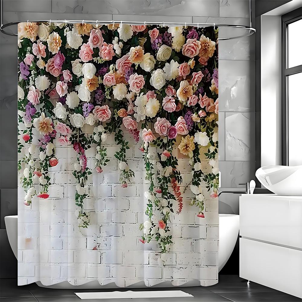 Spring Flower Wall Rose White Brick Wall Shower Curtain, Bathroom Decorative Shower Curtain, Waterproof Shower Curtain with Hook