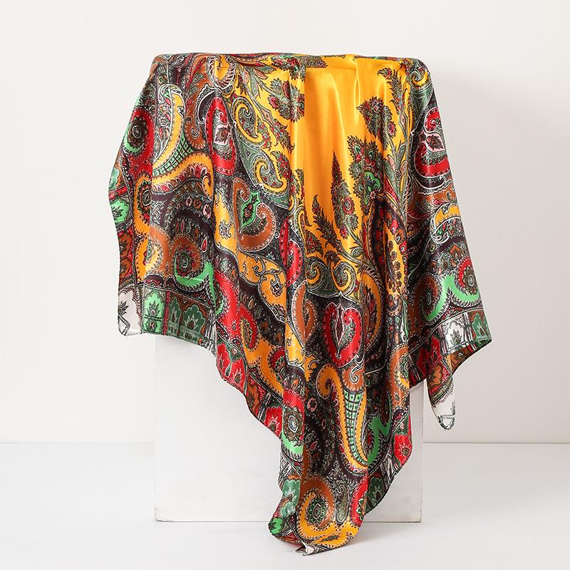 90cm Square Silk Scarves Women Hijab Shawls Paisley Cashew Flower Print Kerchief Femme Head Scarf Foulard Bandana Beach Pareo