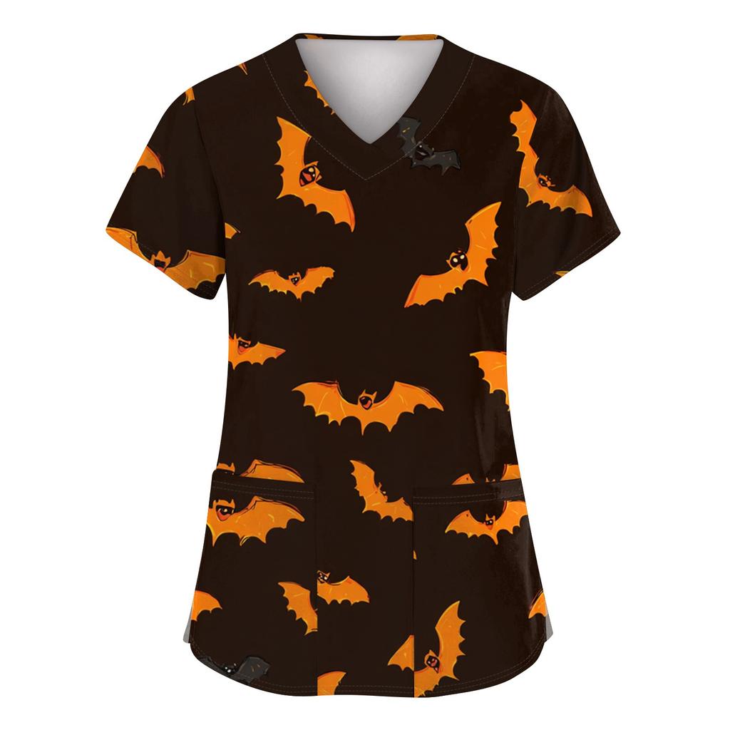 Damenmode Kurzarm Halloween Bedruckt V-Ausschnitt Tasche Arbeitskleidung Tops