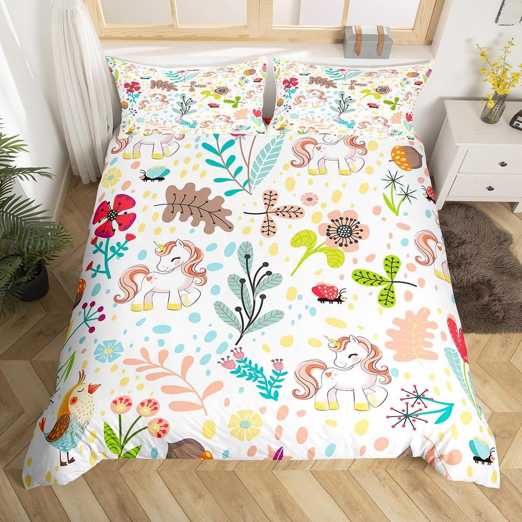 Comforter Cartoon Lion Kids Jungle Botanical Comforter Floral Zoo Animal Bedding Set Woodland Leaves Flowers