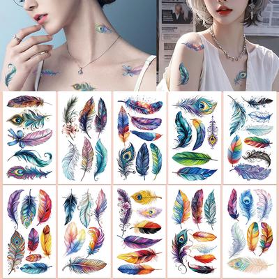 10sheets Colorful Feathers Tattoo Stickers For Arm Body Hand Temporary Fake Waterproof Tattoo Stickers Girls Creative Gifts