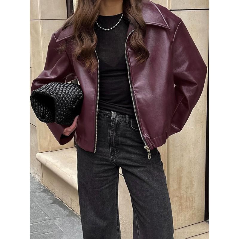 Womens Slim Fit PU Leather Jacket Stand Collar Plus Size Moto Style