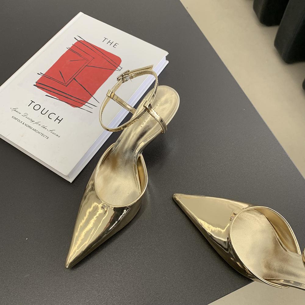 Fashion Gold Black Silver White Women Sandals Pointed Toe Summer Dress Shoes Thin High Heels Ankle Strap Sexy Party Gladiator Slides 39