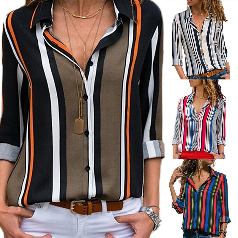 Elegant Women Autumn Striped Floral Button V Neck Long Sleeve T Shirt Casual Blouse