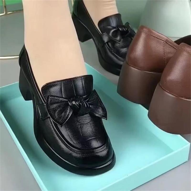 

Soft leather single shoes women s tide spring and autumn new one-pedal thick heel round head bow casual 35