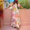 Women's Casual Off-the-Shoulder Printed Fitted Wide-Hem Cotton-Linen Blend Dress