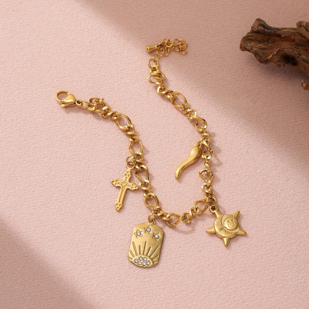 Golden Tone Stainless Steel Multi-Charm Bracelet with Cross and Sun Pendants for Women