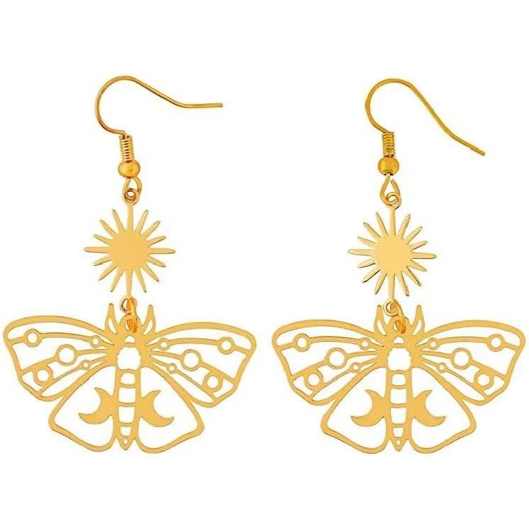 Gothic Vintage Butterfly Earrings, Sun and Moon Earrings for Women, Luna Moth Earrings, Long Dangle Crystal Earrings, Vintage Goth Jewelry Color 3
