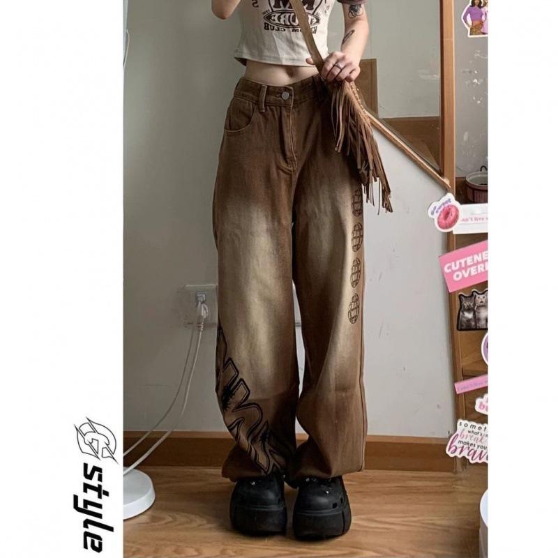 

Женские широкие коричневые джинсы, осенние, с ниспадающим эффектом, брюки-швабры, свободные, с высокой посадкой, тонкие прямые брюки, тренд L