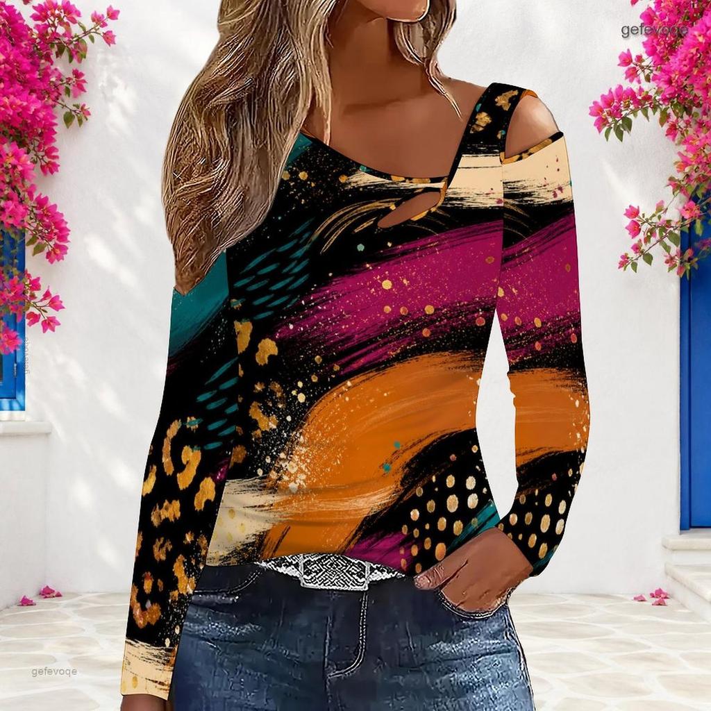 Women Plus Size Asymmetric Cutout Neck Cold Shoulder Long Sleeve Green Black White Printed Top
