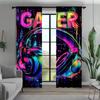2PC Neon Gamer Headset Graffiti Sheer Curtains - Gaming Themed Print Window Drapes for Man Cave Bedroom Decor