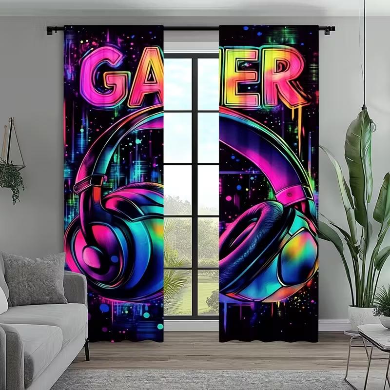 2PC Neon Gamer Headset Graffiti Sheer Curtains - Gaming Themed Print Window Drapes for Man Cave Bedroom Decor