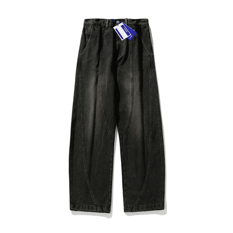 

Wassup Trendy Hong Kong Style Washed Denim Scimitar Pants Spring and Autumn Straight-Leg Unisex Student Versatile Wide-Leg Pants Black 3XL