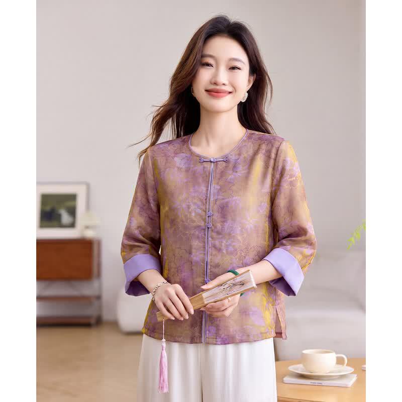New Chinese Style Printed Round Neck Blouse