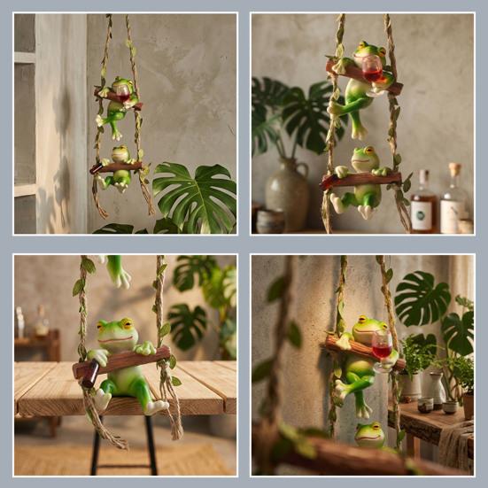 Frog on A Swing Ornament Compact Resin with Hemp Rope Hanging Decor Relaxing Garden Table Decorations for Indoor Outdoor