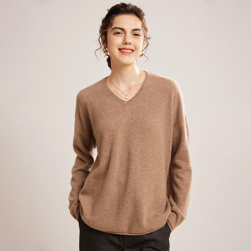 Women's V-Neck Cashmere Pullover Sweater - Loose Fit, Long Sleeve, Versatile for Autumn & Winter.