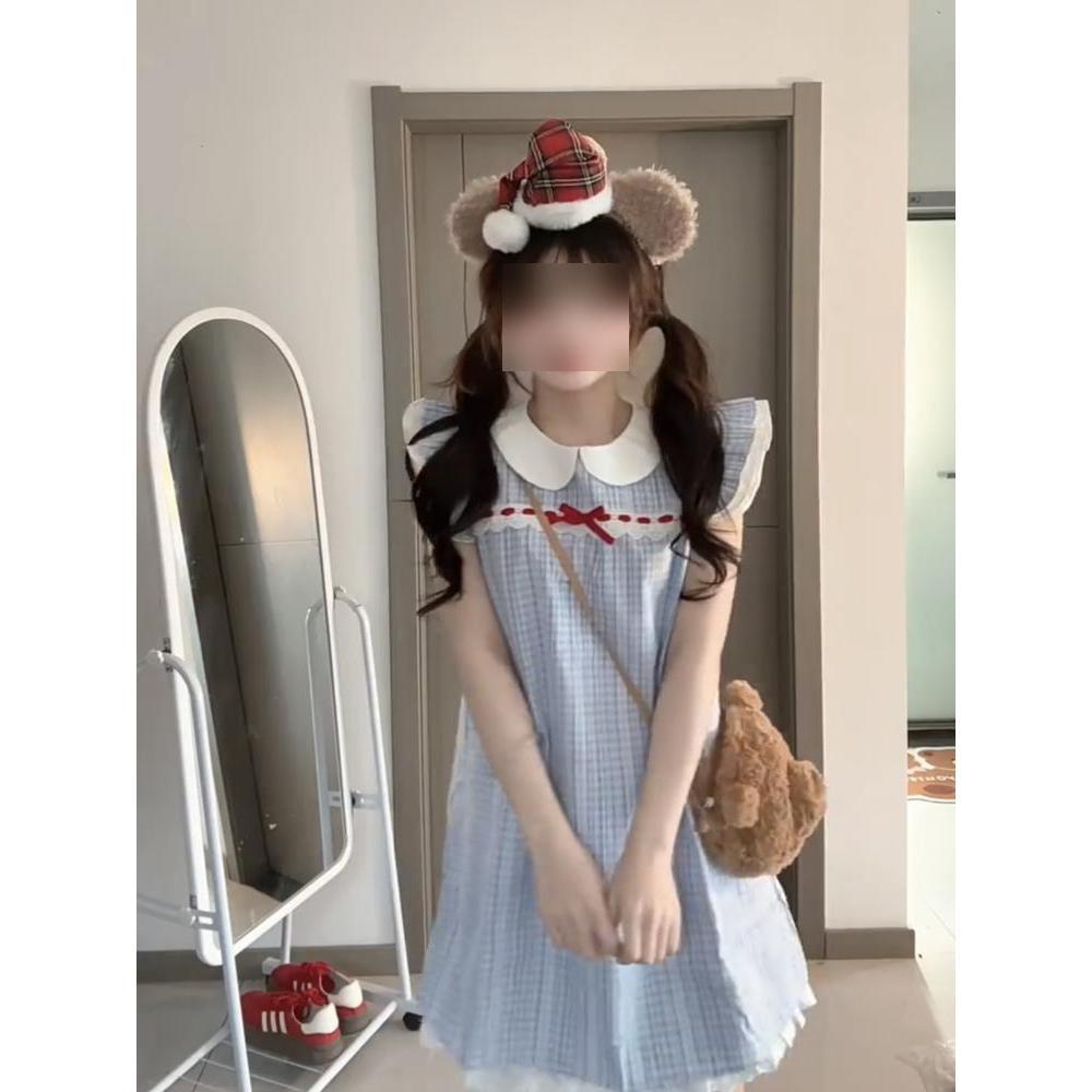 Summer Wear Small Shirt Skirt Women's College Plaid Splicing Loose Doll Collar Small Flying Sleeve Dress