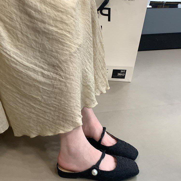 Temperament Socialite Xiaoxiangfeng Half Slippers Women's Spring and Summer 2025 French Pearl Bag Head Mary Jane Half Tray Single Shoes
