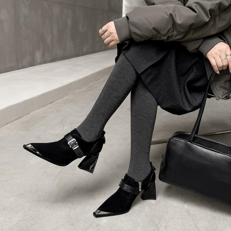 7.5CM Womens Pointed Toe Chunky Heel Loafers Fashion Simple Elegant Fall Single Shoes