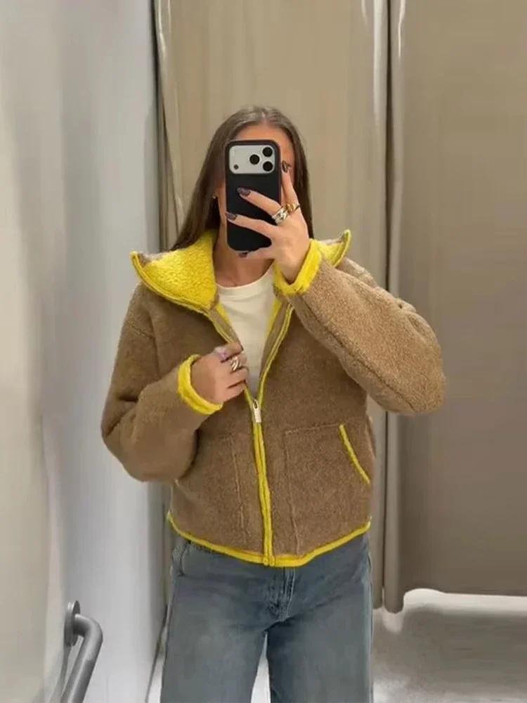 Contrast Knitted Cardigan Jackets Women Elegant Long Sleeve Pockets Zipper Sweater 2026 Spring New Street Lady Chic Outwears