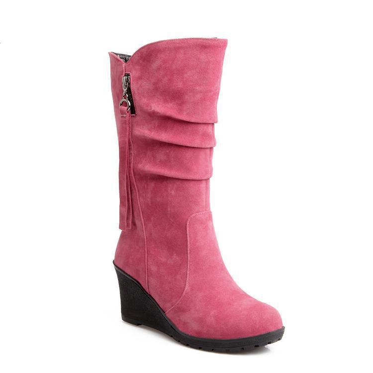 

22Elegant Women s Boots Mid Calf Street Style Fashion Modern Boots 6CM Wedges Heel Metal zipper decoration Princess Women Shoes 34 кавун червоний колір