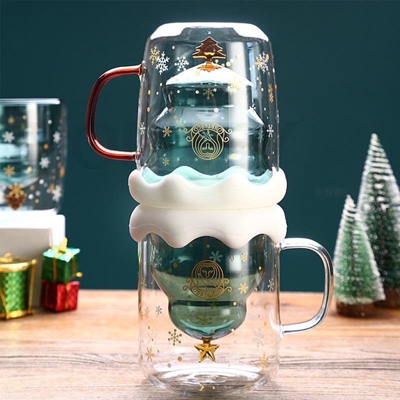 BORREY Christmas Cup Transparent Double Anti-Scalding Glass Christmas Tree Star Coffee Milk Juice Mug Children's Christmas Gift